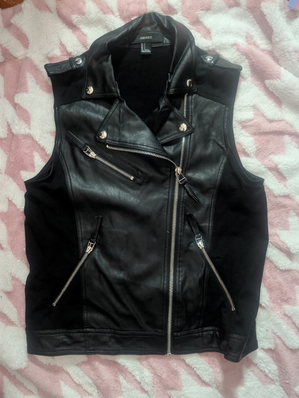 Forever 21 Studded Cross Faux Leather & Knit Moto Vest